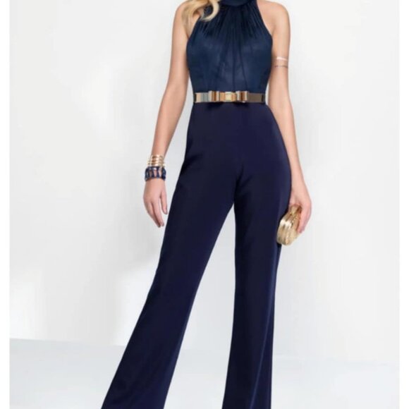 Claudine Mock Neck Party Formal Jumpsuit Blue Size 0 - Picture 8 of 10